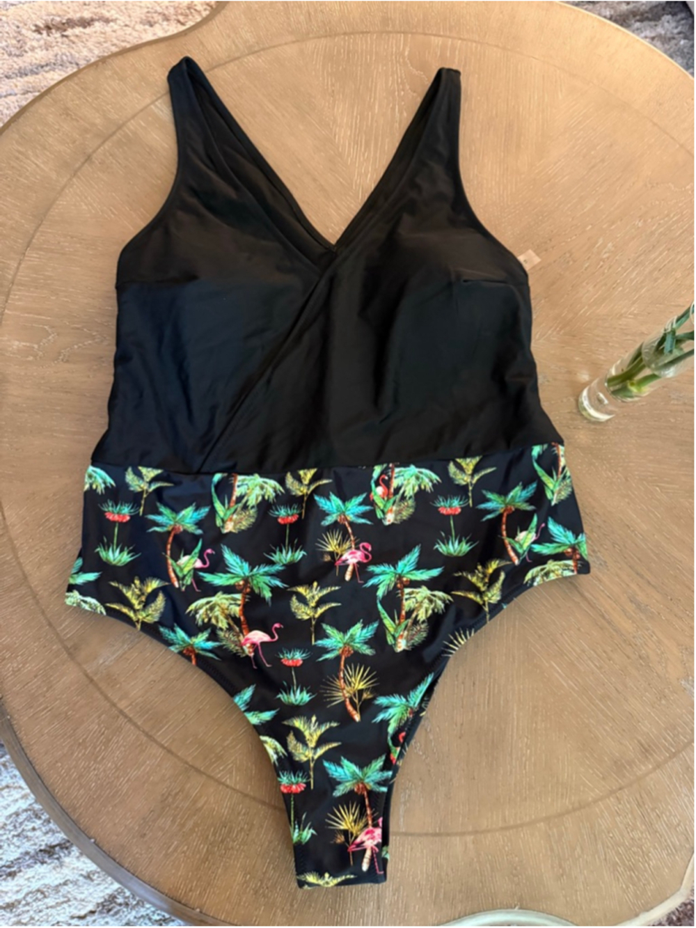 Cupshe Women's Black Green Flamingo Palm Print One Piece Swimsuit 1X - Picture 1 of 4